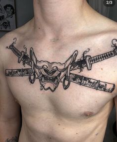 a man with tattoos on his chest and two swords in the middle of his chest