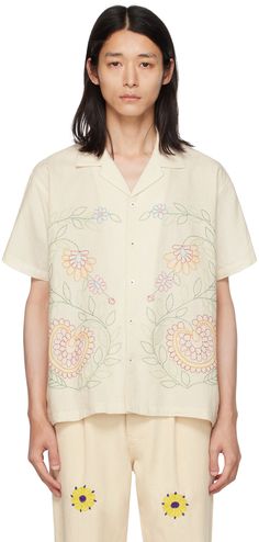 Handcrafted plain-woven cotton shirt. Floral graphics embroidered throughout. · Open spread collar · Button closure Supplier color: Off-white Textile Clothing, Embroidery Shirt Men, Embroidered Linen Shirt, Embroidered Button Up Shirt, White Embroidered Shirt, British Christmas, Floral Embroidered Shirt, Design Tshirts, Floral Graphics