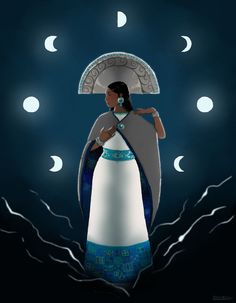 a woman with an umbrella standing in front of the moon filled sky, holding her hand on her shoulder