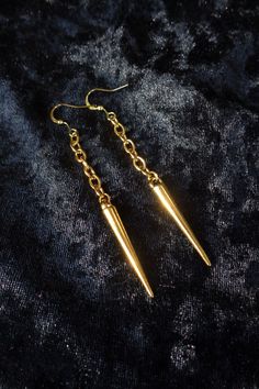 "These earrings are simple, sleek and modern. And a little edgy. Made of a lead and nickel free base metal alloy.  DIMENSIONS: 3\" (7.6 cm) long You'll have to select your ear wire option before checkout. The gold plated hooks are made of gold plated copper wire. Vermeil is gold plated sterling silver. \"Gold-filled\" means a thicker layer of gold over a base metal. The 14kt gold-filled hooks I offer have a tiny hallmark somewhere between the top and the tip of the hook. You won't be able to rea Edgy Everyday Metal Earrings, Trendy Metal Linear Earrings With Ear Wire, Edgy Gold Metal Earrings, Husband Gifts, Spike Earrings, Minimalist Earrings, Gold Gold, 14kt Gold, Ear Wire