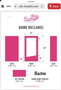 the barbie box large pattern is shown in pink and has measurements for each item on it