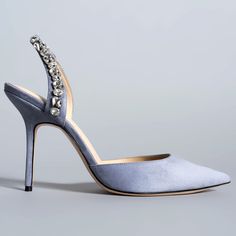 -3.5" Heel Height-Pointed toe-Blueish Gray Suede Upper-Leather Sole-Elasticized Slingback Strap-Stones are in a 4 Prong Setting-Fits True to U.S. size *whole sizes only 6-11  Shop Kitten Heels Purple Flip Flops, Gray Kitten, Event Shoes, Crystal Pumps, Blue Flip Flops, High End Shoes, Grey Kitten, Designer Footwear, Bow Pumps