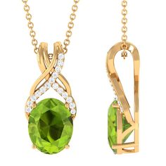 Designer Oval Peridot Solitaire Pendant with Diamond Twisted Bail Peridot - ( AAA ) - Quality - Rosec Jewels Color Stone Pendant, Stone Accessories, Formal Jewelry, Peridot Jewelry, Peridot Pendant, Peridot Necklace, August Birthstone, Ruby Jewelry, Soft Purple