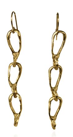 This is an update to the very well loved Dreams and Wishes earrings. Just like that old favorite, these earrings offer a lot of length without the weight. Made of three handmade chains, hand carved out of wax and cast in brass, then plated a beautiful gold. Made with love in the USA - approx. 2.75" high - 65mm high - 22kt gold plating over brass - each earring weighs approx. 0.11 oz or 3.3 grams - gold filled ear hook Gold Dangle Earrings With Hooks And Links, Gold Earrings With Hook And Links, Gold Earrings With Hook And Links For Gift, Gift Chain Earrings In Brass, Brass Chain Earrings For Gift, Gold Metal Earrings With Hooks And Links, Brass Chain Link Jewelry, Brass Chain Dangle Earrings, Gold Hand Cast Dangle Earrings