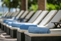 rows of lounge chairs lined up next to each other near the beach with blue towels on them