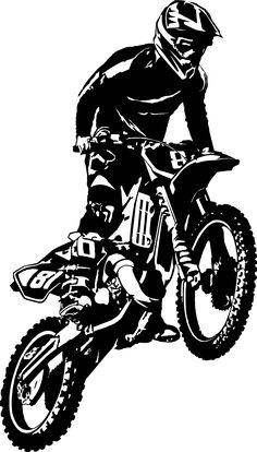 a black and white image of a person on a dirt bike