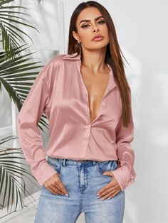 Silk Shirt Outfit, Pink Shirt Outfit, Pink Satin Top, Satin Button Up, Light Blue Jeans