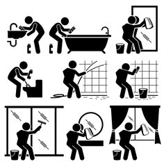 black and white silhouettes of people doing different things in the bathroom, including washing