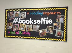 a bulletin board with pictures on it that says reading empters bookshelf