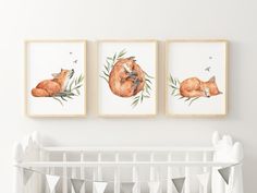 three framed pictures of foxes hanging on the wall next to a baby's crib