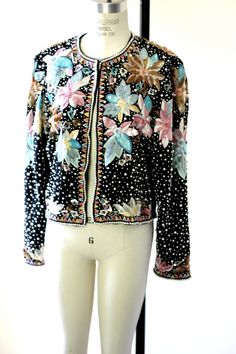 "Pearl beads throughout embroidery and sequins, silk and rayon lined..this jacket has it all!! It is absolutely stunning!! Excellent pristine condition... with one hook at the top.. Measuring: 21\" long Sleeves: 23\" 40\"+ around Pet Free/smoke free Absolutely fabulous!! Enjoy!" Embellished Long Sleeve Silk Outerwear, Silk Sequined Long Sleeve Outerwear, Wedding Shrug, Shrugs And Boleros, Sequin Jacket, Absolutely Fabulous, Cute Jackets, Sequin Beading, Sequin Top