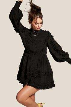 Black Ruffled Shirt Dress – CHAXA Ruffle Pattern, Ruffled Shirt, Perfect Little Black Dress, Ruffle Shirt, Mini Shirt Dress, Black Ruffle, Dresses Xs, Ruffles, Shirt Style