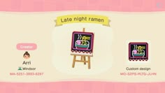 an animal crossing game screen showing the character's name and their art work on easel