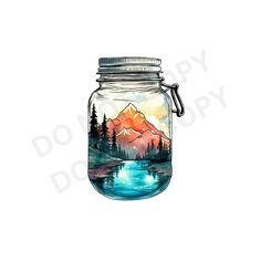 a mason jar filled with water and mountains on the inside is painted in blue, orange and