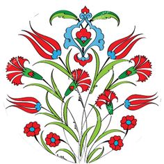 an image of a flower with red and blue flowers in the center on a white background