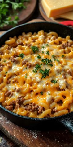 a skillet filled with cheesy pasta on top of a wooden cutting board