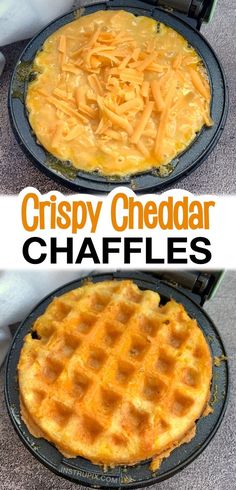 two waffles with cheddar cheese on top and the words crispy cheddar in front