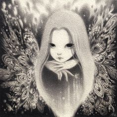 a drawing of a woman with long hair and an alien face on her chest, surrounded by feathers