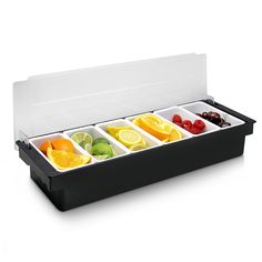 a black tray filled with different types of fruits and vegetables in it's storage compartment