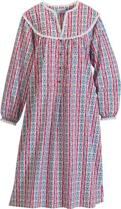 When it comes to quality and warmth you can trust, there's nothing like a Lanz of Salzburg flannel nightgown. Thick, soft, and cozy, this Tyrolean print nightgown boasts an easy-dressing button front and is trimmed with eyelet lace at the neck, yoke, and cuffs. The mid-length gown hits just below the knee for no-tangle sleeping.    Famous hearts and flowers Tyrolean print   Eyelet lace trim at neck, around yoke, and cuffs   At approx. 44" long, the gown hits just below the knee   Machine wash an Red Cotton Nightgown For Loungewear, Red Cotton Nightgown For Sleepover, Red Long Sleeve Nightgown For Home, Floral Print Long Sleeve Nightgown For Sleepovers, Long Sleeve Floral Print Nightgown For Sleepovers, Red Cotton Nightgown For Pajama Party, Red Long Sleeve Nightgown For Bedtime, Red Cotton Sleep Dress, Multicolor Long Sleeve Dresses For Home