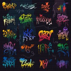 colorful graffiti written on a brick wall in different colors and sizes with the word's name