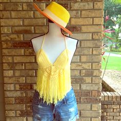 Crochet Hand Knitten Top One Size Yellow Color Beautiful Style Summer Knit Tops With Fringe, Summer Knit Top With Fringe, Fitted Knit Crochet Top For Festival, Knitted Yarn Tops For Summer, Fitted Crochet Knitted Top For Spring, Summer Casual Crochet Yarn Top, Casual Crochet Yarn Top For Summer, Casual Crochet Top For Summer, Casual Summer Crochet Top