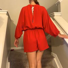 Zara Size M Brand New Casual Red Long Sleeve Jumpsuits And Rompers, Casual Red V-neck Jumpsuits And Rompers, Casual Red V-neck Jumpsuit, Casual Red Long Sleeve Jumpsuit, Red Long Sleeve Jumpsuits And Rompers For Summer, Red Long Sleeve Jumpsuits For Summer, Elegant Red Jumpsuits And Rompers For Spring, Red One-piece Jumpsuit For Spring, Red Long Sleeve Jumpsuits And Rompers For Date Night