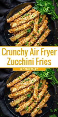 crunchy air fryer zucchini fries on a black plate with parsley