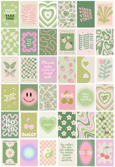 a collage of different patterns and designs with hearts, flowers, leaves, butterflies