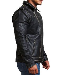 Black Genuine Leather Motorcycle Jacket Adorn one of AlexGear’s finest looks with a men's black motorcycle jacket. Exuding edgy sophistication, this biker jacket grabs attention due to the distressed outlining around the zipper, pockets, hem, belt, and collar for a rugged yet graceful look. Boasting durability and sustainability for long-term stress-free use, this black jacket is crafted with genuine leather, showcasing the quality craftsmanship of our skilled designers. The interior encompasses a soft viscose lining, ensuring the breathability and comfort of the wearer as they adorn this jacket for all their special events. Equipped with an asymmetrical zipper closure, it not only offers functionality, allowing a smooth fastening experience, but also pays tribute to the classic motorcycle Rugged Long Sleeve Biker Jacket, Distressed Moto Style Outerwear, Distressed Moto Outerwear For Winter, Distressed Moto Winter Outerwear, Winter Distressed Moto Outerwear, Winter Moto Distressed Outerwear, Distressed Black Punk Outerwear, Rugged Biker Jacket With Zipper Closure, Distressed Biker Leather Jacket For Winter