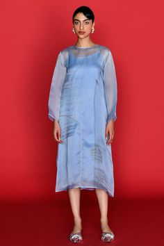 Blue kurta featuring thread work on the front. Comes with an inner. - Aza Fashions Blue Kurta, Satin Color, Thread Work, Womens Tunics, Aza Fashion, Full Sleeve, Work On, Knee Length, Types Of Sleeves