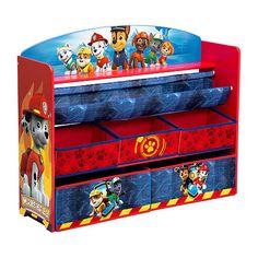 the paw patrol toy chest is red and blue with paw patrol pictures on it's sides