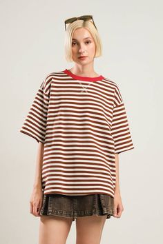 A striped knit top with round neckline and short sleeveDetails:Self : 95% Cotton 5% SpandexContrast : 65% Cotton 30% Polyester 5% SpandexSize & Fit- Model is 5`8" And Wearing Size Small- Measurements Taken From Size Small- Approx. Length: 26.5" Striped Ribbed Short Sleeve Tops, Trendy T-shirt With Vertical Stripes And Crew Neck, Trendy Crew Neck T-shirt With Vertical Stripes, Striped Ribbed Crew Neck T-shirt, Cotton T-shirt With Striped Hem And Relaxed Fit, Relaxed Fit Cotton T-shirt With Contrast Stripes, Cotton Relaxed Fit T-shirt With Striped Hem, Everyday Cotton T-shirt With Striped Hem, Striped Stretch Cotton T-shirt