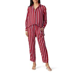 Red stripe satin (100% Polyester). Pants. Elastic waistband. Side Pockets. 36" from waist to hemline, 27" Inseam. N/A. Imported. Red Stripes Top, Knit Sweater Coat, Stripe Pants, Black Knit Sweater, Designer Maternity, Polyester Pants, Rent The Runway, Stripe Top, Red Stripe