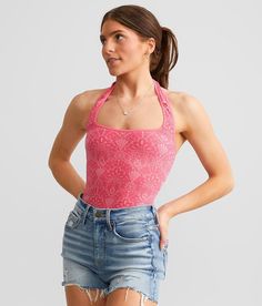 Free People With Love Bodysuit - Pink M/L, Women's Pompom Textured knit fitted halter bodysuit Thong bottom Snap details Bust measures 16 on size XS/S Body length 24 on size XS/S. 82% Nylon 10% Polyester 8% Spandex. Gentle cycle non-chlorine bleach. Lay flat to dry. Do not iron.. Measurements: Bust -Fullest part of bust with arms at sides. Waist -Circumference of natural waist: above belly button below rib cage. Hips -Standing with feet together fullest part of hips. WOMEN'S TOP SIZE CONVERSION Stretch Racerback Bodysuit, Casual T-back Halter Top, Pink Halter Neck Bodysuit, Fitted Casual Halter Top With T-back, Casual Fitted T-back Halter Top, Flirty Stretch Halter Neck Tank Top, Halter Bodysuit, Waist Circumference, Textured Knit