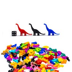 three toy dinosaurs standing next to each other in front of a pile of plastic letters