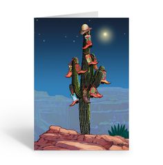 a greeting card featuring a cactus with hats on it's head and the moon in the background