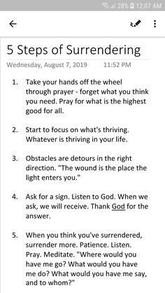 a text message with the words 5 steps of surrendering written on it