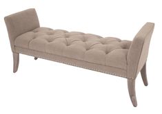 an upholstered bench with buttons and nailing on the legs, in beige fabric