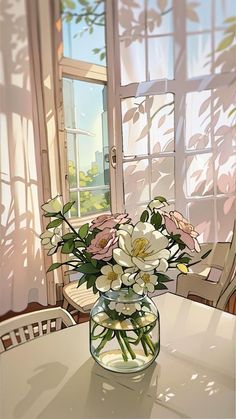 a vase filled with flowers sitting on top of a white table next to a window