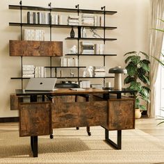 a wooden desk sitting in front of a book shelf filled with books