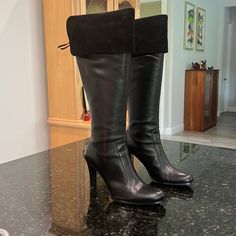 You Need These Gorgeous Ralph Lauren Boots In Your Life!! Leather Boot With Full Back Zip (Suede Zipper Pulls) Featuring A 4 Inch Turn Down Suede Cuff. Heel Height Is 3.5 Inches; Boot Height From Bottom Of Heel To Top Of Shaft Is 19 Inches. Cuff Folds Up-Not Sure You Could Wear Them That Way, But It Would Give An Extra 4 Inches Of Height If So. Worn Twice-Basically Brand New. In Original Box. Size 8.5 B Width. Ralph Lauren Boots, Ralph Lauren Shoes, Suede Leather Boots, Funky Shoes, Fall Fits, Black Jacket, Suede Boots, Shoes Heels Boots, Shoe Sale