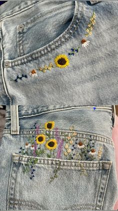 the back pocket of a pair of jeans with sunflowers embroidered on it and in between