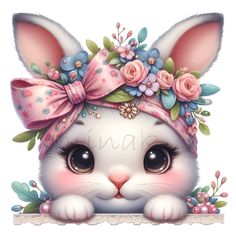 a cute bunny with flowers on her head and pink ribbon around it's ears