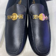 Versace Men’s Car Shoe Calf Leather Loafers Style Number- Dsu4669 Size 48 Men’s Medusa Head Logo Gold Design Luxury Black Slip-ons With Round Toe, Luxury Black Slip-on Moccasins, Luxury Black Slip-ons, Luxury Black Slip-on Dress Shoes, Luxury Black Loafers For Semi-formal Occasions, Luxury Black Moccasins For Semi-formal Occasions, Luxury Black Moccasins, Luxury Formal Slip-ons, Designer Black Moccasins With Leather Sole