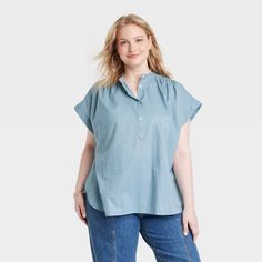 This Popover Short-Sleeve Blouse from Universal Thread™ makes a perfect pick for warm summer days. Fashioned in a casual fit, it features a front button placket and a curved hemline with side slits for relaxed style. The lightweight cotton fabric offers cool and comfortable all-day wear, and you can pair this blouse with your choice of pants or skirts to create a range of stylish outfits. Universal Thread™: Found exclusively at Target. Spring Tops With Placket For Daywear, Spring Placket Top For Daywear, Spring Casual Tops With Placket, Effortless Spring Tops With Placket, Casual Spring Tops With Placket, Casual Tops With Placket For Daywear, Spring Casual Blouse With Placket, Casual Spring Blouse With Placket, Blue Button-up Tops For Casual Gatherings