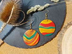 a pair of colorful earrings sitting on top of a wooden table next to a dried plant