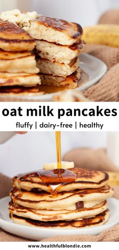 dairy-free quick and easy ultra-fluffy oat milk pancakes Fluffy Oat Flour Pancakes, Oat Milk Pancake Recipe, Healthy Dairy Free Pancakes, Fluffy Oat Pancakes, Non Dairy Pancake Recipe, Pancakes With Oat Milk, Oatmilk Pancakes Recipe, Healthy American Pancakes, Oat Milk Recipes Healthy Breakfasts