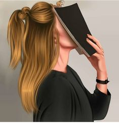 a woman with long blonde hair holding a book in her hand to her face and looking into the distance