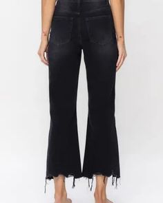 These Vintage Ultra High Waist Distressed Crop Flare Jeans are the perfect addition to any trendy wardrobe. The high waist design enhances your silhouette, while the distressed detailing adds a touch of edginess. The cropped flare style adds a unique twist to the classic denim look, making them a versatile choice for both casual and dressed-up outfits. Whether paired with a cozy sweater or a chic blouse, these jeans are sure to become a staple in your fashion rotation.Style #: V2736 Features: Di Non-stretch Distressed Black Jeans, Black Non-stretch Distressed Jeans, Chic Washed Black Jeans With Frayed Hem, Chic Washed Black Bottoms With Frayed Hem, Edgy Bottoms With Frayed Hem For Fall, Black Cropped Cotton Jeans, Black Cropped Denim Bottoms, Fall Distressed Black Bottoms, Chic Black Cropped Jeans